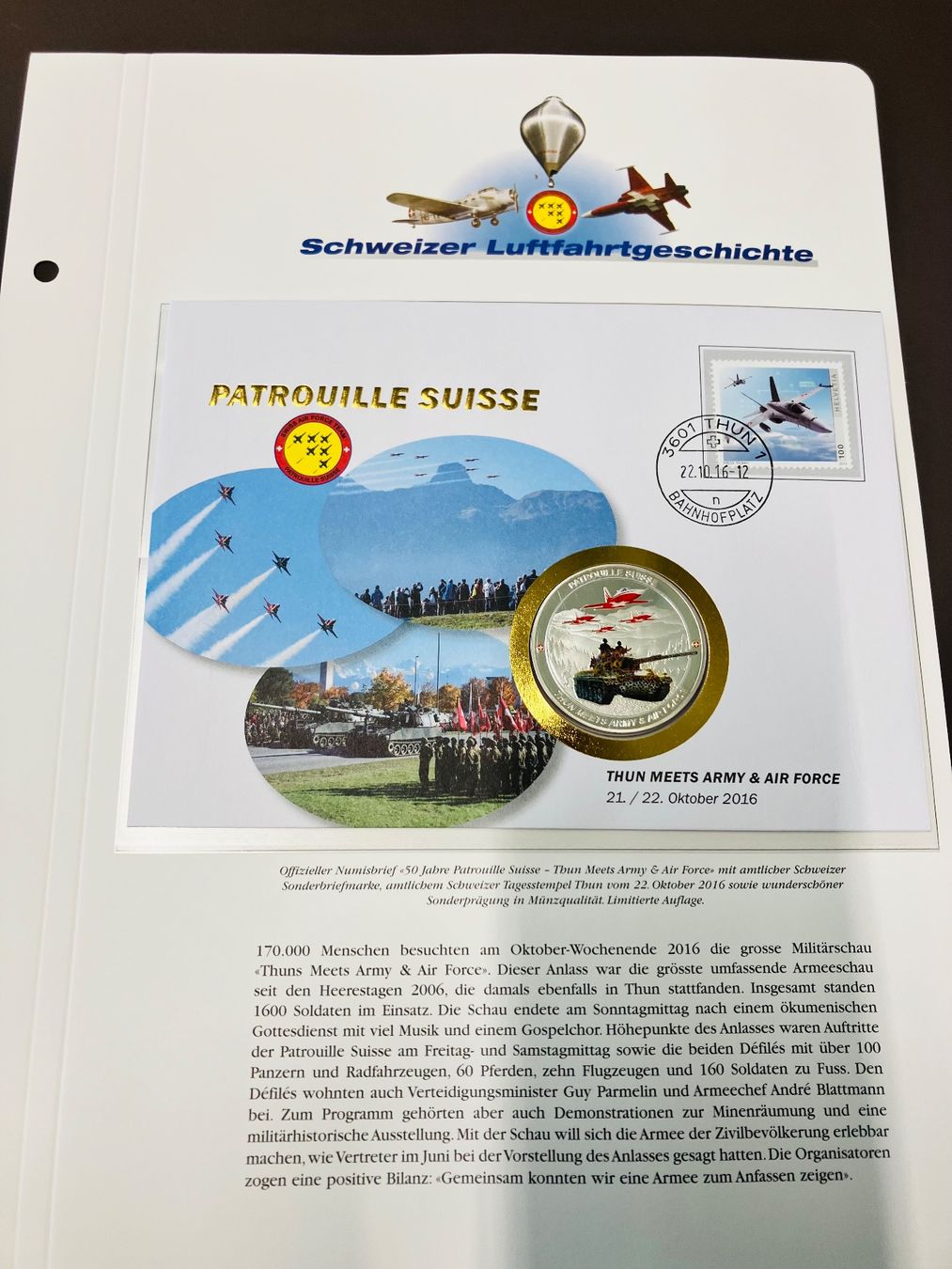 Medaglie: Patrouille Suisse  Numisbrief versilberte Medaille 2016 – Usato da Merenschwand venduto da Garfield2026 2