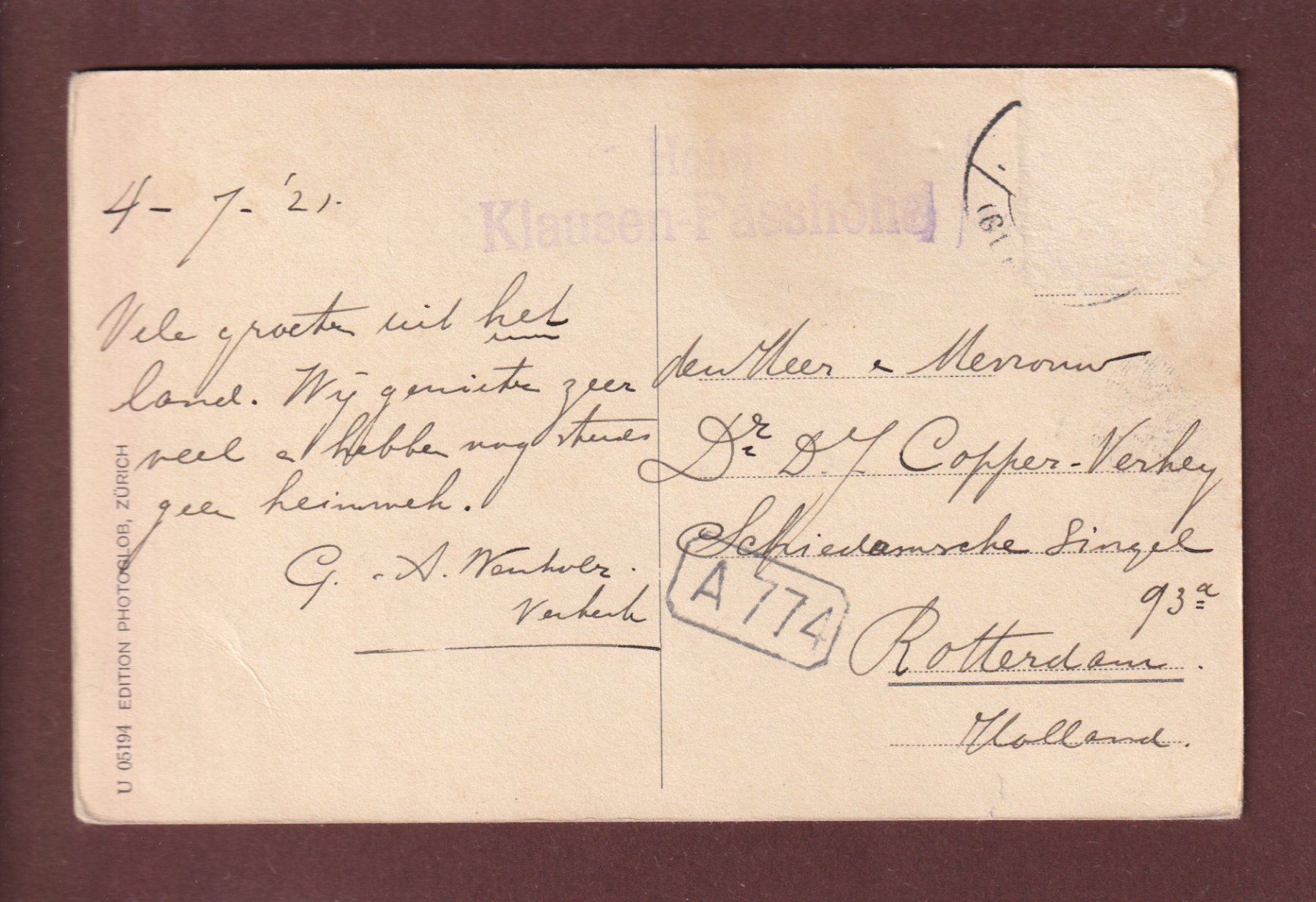 Cartoline postali: KLAUSENSTRASSE - Hotel - 1921 – Usato da Pully venduto da nicecards 1
