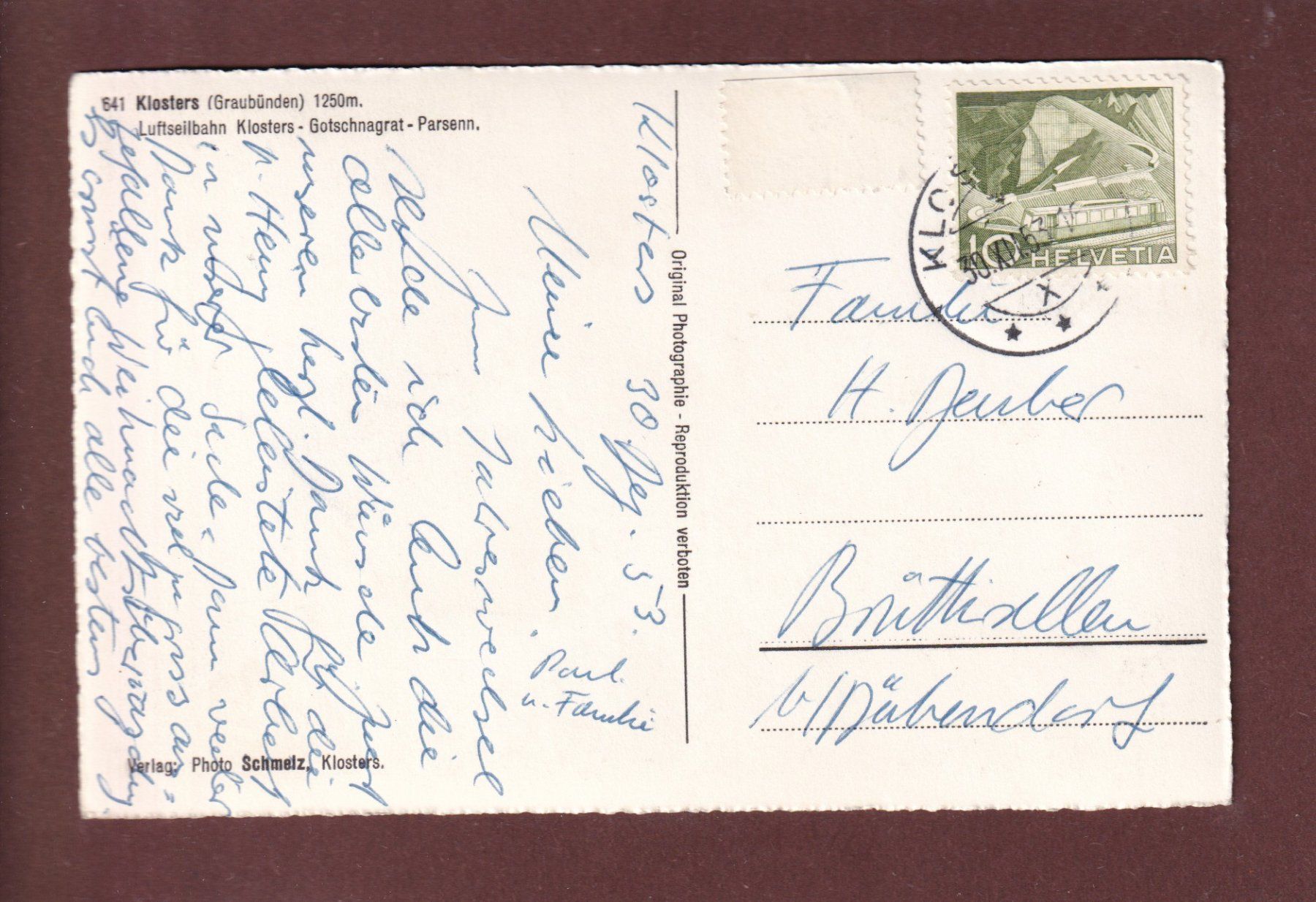 Cartoline postali: KLOSTERS mit Lufseilbahn - 1953 – Usato da Pully venduto da nicecards 1
