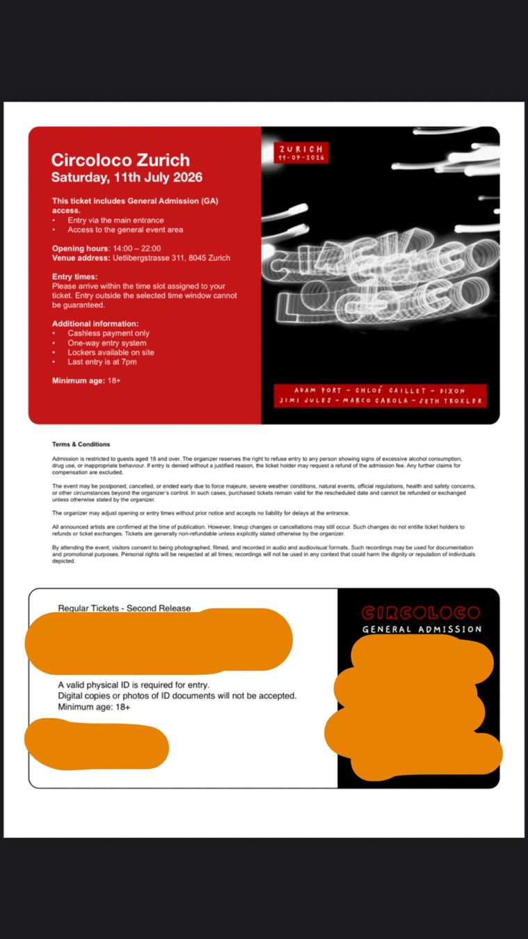 Tickets: Circoloco zürich ticket – Gebraucht aus Adliswil von elv_5vww