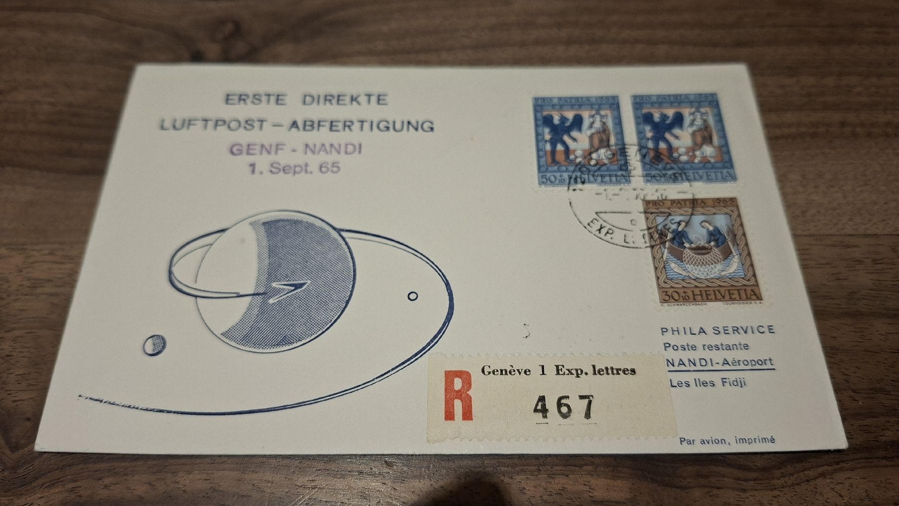 Tutti i francobolli: Luftpost - Abfertigung Genf - Nandi 01.09.1965 – Usato da Balgach venduto da SIMEON27