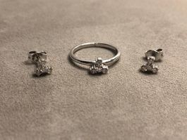 Ring und Ohrringen mit Diamanten, 18 Karat Weissgold Au 750