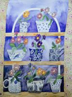 Original Aquarell "Blumen in Töpfen vor Fenster" Bild Deko