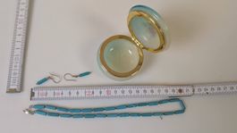 Türkis Schmuckset: Kette, Ohrringe & Dose, Vintage Look