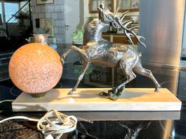 ART DECO GROSSE TISCHLAMPE ZINKGUSS MARMOR FRANCE UM 1930