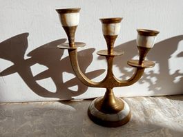 Vintage Messing Kerzenständer mit Perlmutt Inlay 348 Gramm