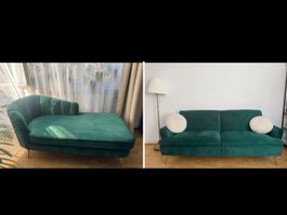 Dunkelgrünes Samtsofa mit Chaiselongue & Schlaffunktion – Ne