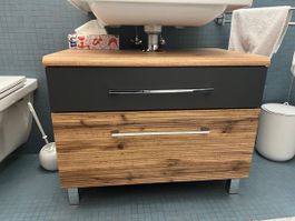 Badunterschrank 75cm Anthrazit Eiche Front Griffe chrom Meta