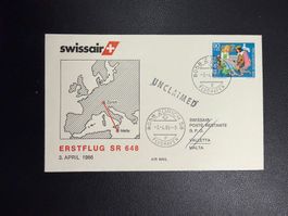 Swissair Erstflugbrief Zürich-Malta 1986