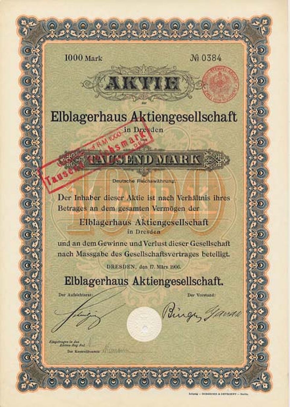 Documents: Elblagerhaus AG, Dresden - 1906 – D'occasion à Solothurn par Sgasche