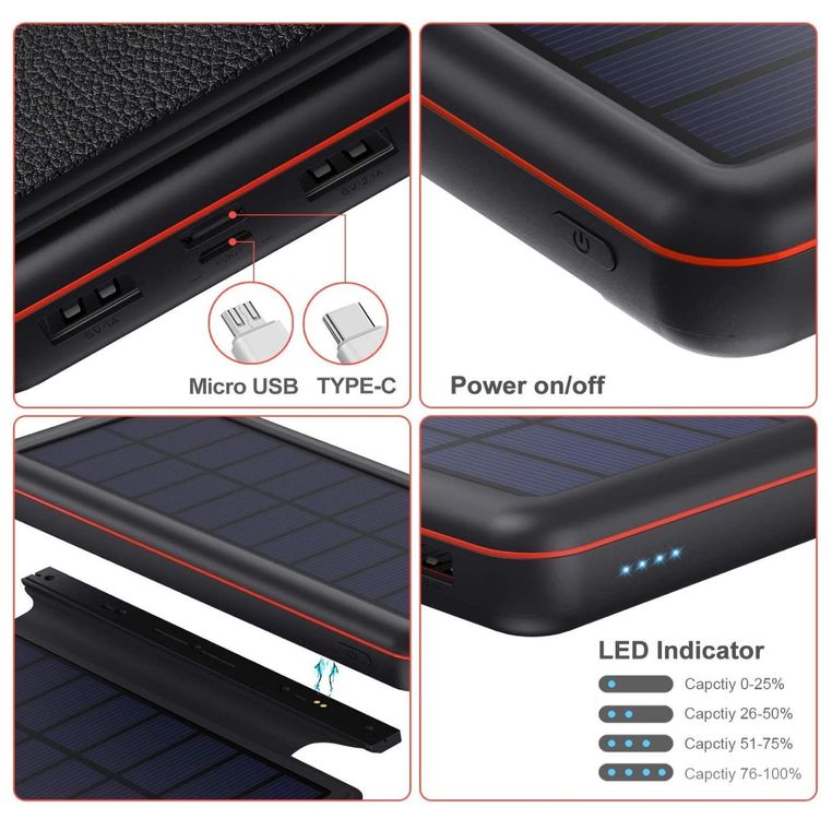 Solar Powerbank 26800mAh mit 4 Faltbar Sonnenkollektoren