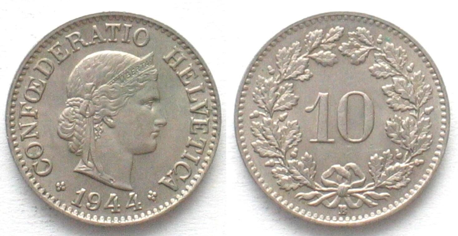 Alle Münzen: Schweiz EIDGENOSSENSCHAFT 10 Rappen 1944 Ku-Ni – Gebraucht aus Riehen von sesambestcoins2004