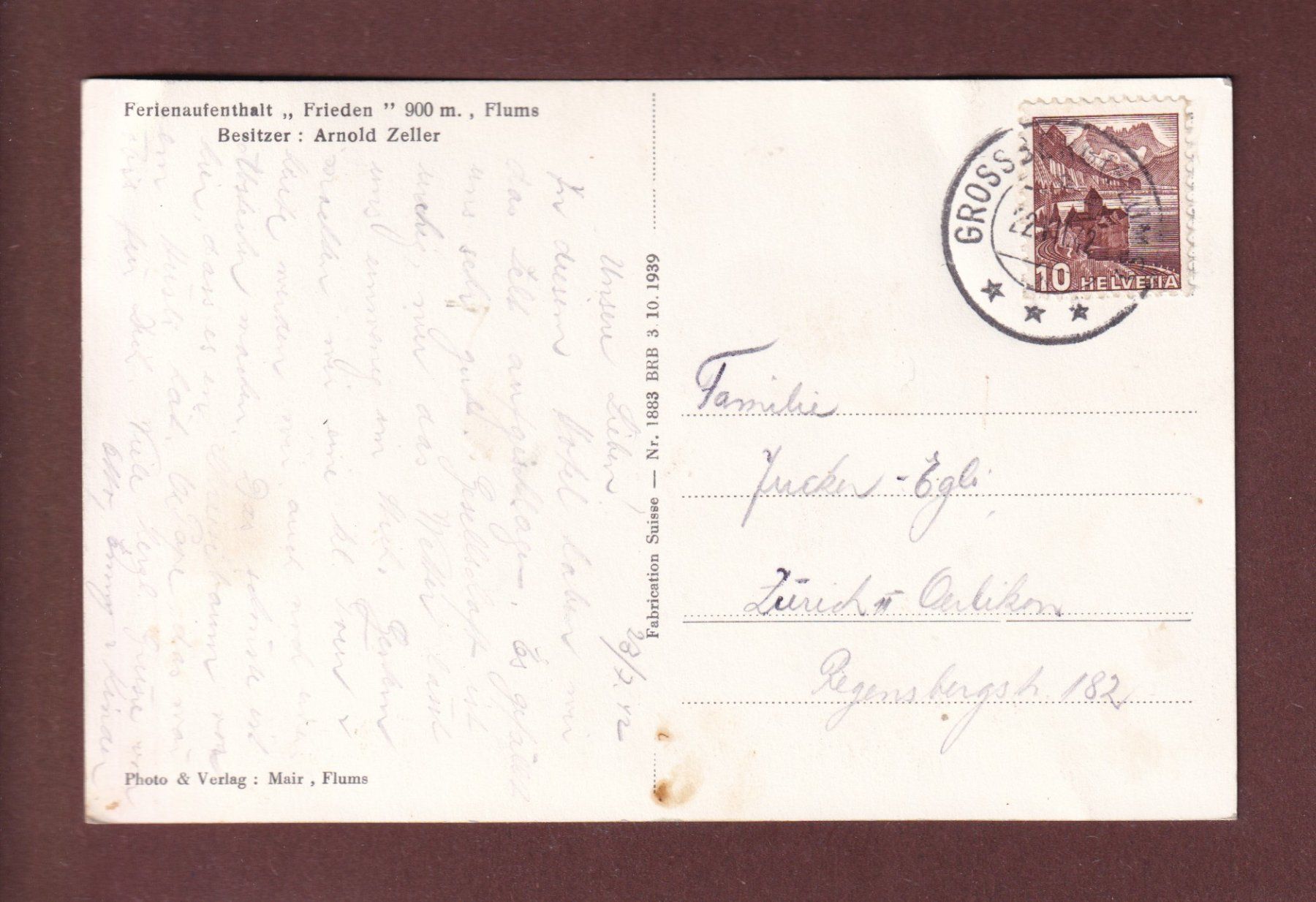 Cartoline postali: FLUMS - Ferienaufenthalt Frieden - 1942 – Usato da Pully venduto da nicecards-shop 1