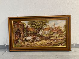 97cmbreitx55cmhoch Handstickerei Wandbild Gobelin Dorfszene