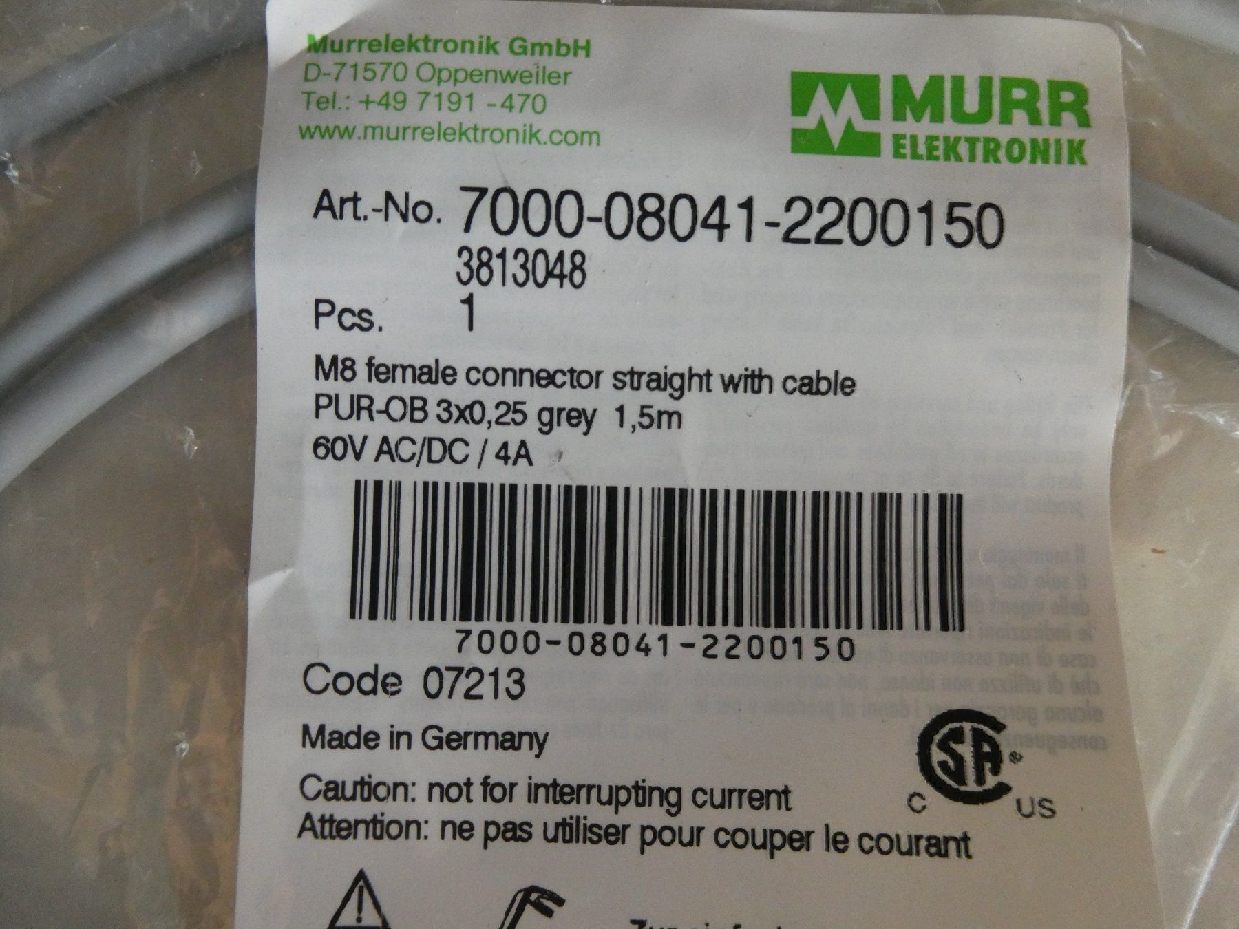 Componenti elettronici: Murr Steckverbinder M8 (1.5m) – Nuovo e nell'imballaggio originale da Fulenbach venduto da Hach0 1