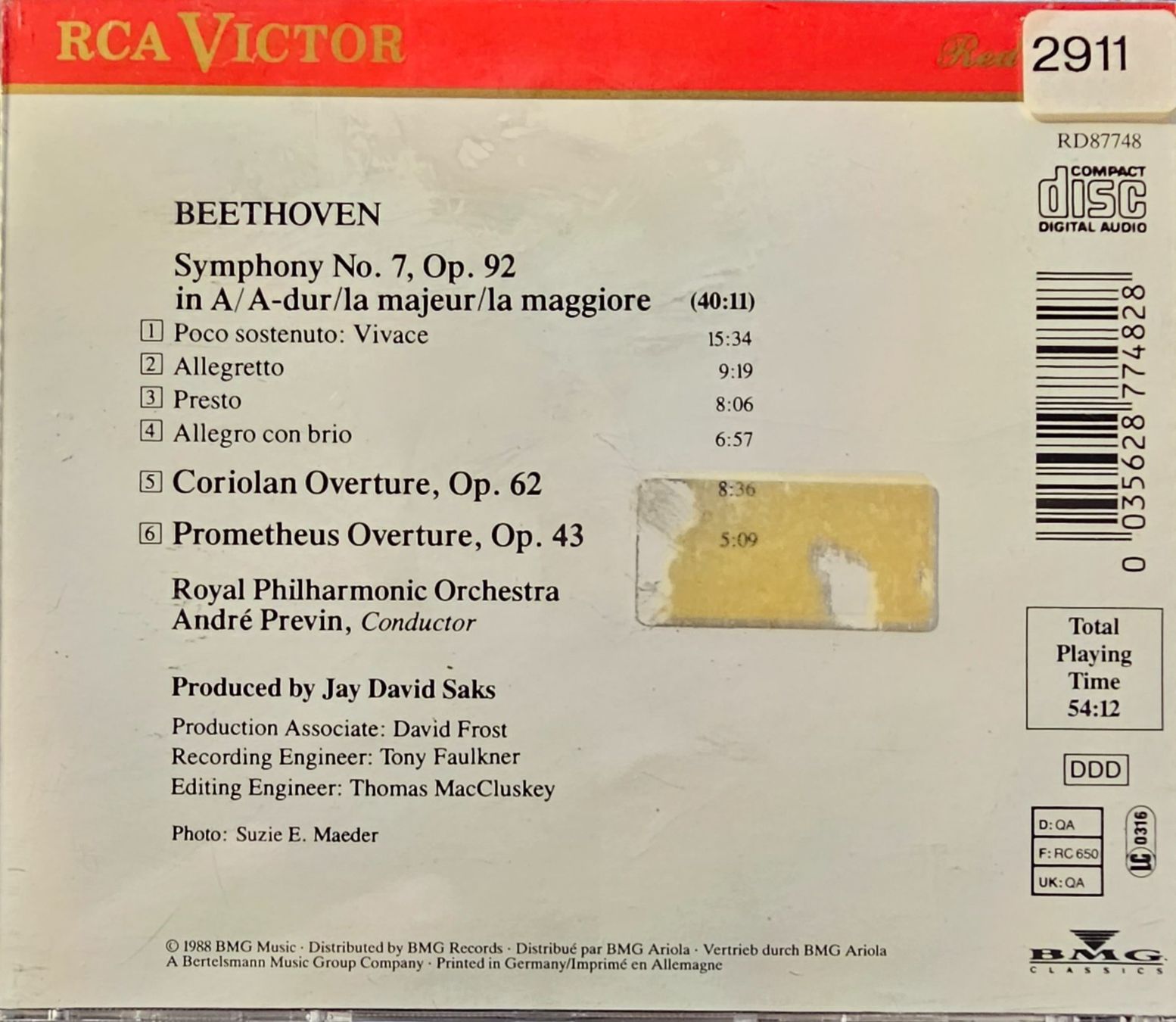 CDs: Beethoven, Previn - Symphony No. 7 Coriolan & Prometheus... – Gebraucht aus Wahlen b. Laufen von Cg10 1