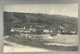 antike Postkarte Zug mit Seeansicht und Schiff gelauf. 1905