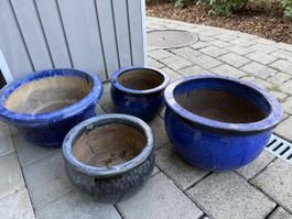 3 blaue Keramik Pflanzentöpfe Set gebraucht