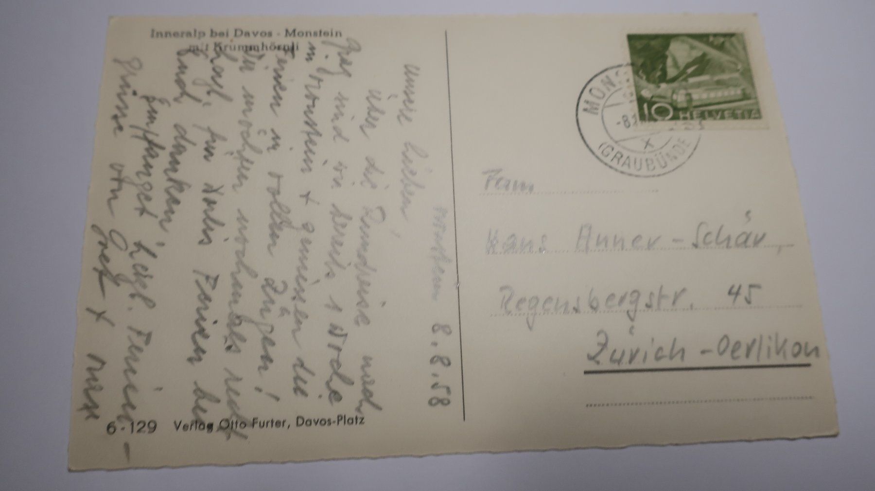 Cartoline postali: Inneralp bei Davos - Monstein mit Krummhörnli  1958 – Usato da Cormoret venduto da Pascalll2001 3