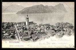 AK Vitznau, Ortsansicht mit Kirche und See aus der Vogelscha