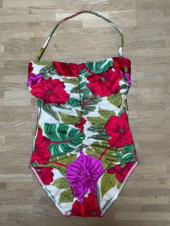 VINTAGE BADEANZUG Hibiskus-Muster Rot/Weiss Gr.38/40 WIE NEU
