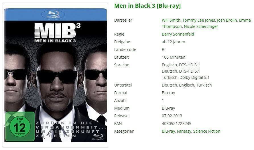 Alle DVDs: Men in Black 3 [Blu-ray] – Gebraucht aus Buchrain von Sssschaller