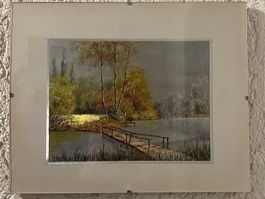 1) glänzendes Landschaftsbild auf Aluplatte, Steg am See