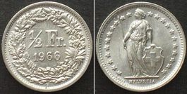 Schweiz 1/2 Franken 1966 Silber prägefrisch, ERHALTUNG! unz