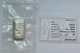 schöner 100 Gramm Silberbarren 999 Fine Silver METALOR