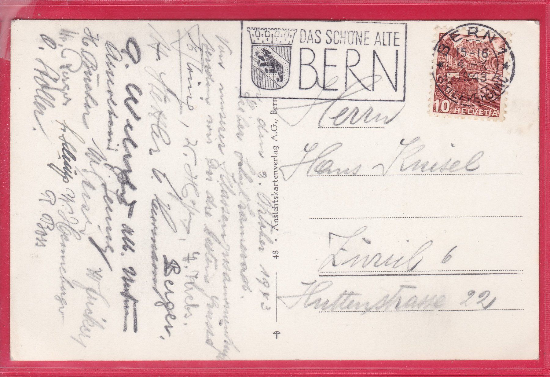 Cartoline postali: BERN, MÜNSTER - LA CATHÉDRALE, 4.10.1943 – Usato da Oberrieden venduto da Gebirgsstelze 1