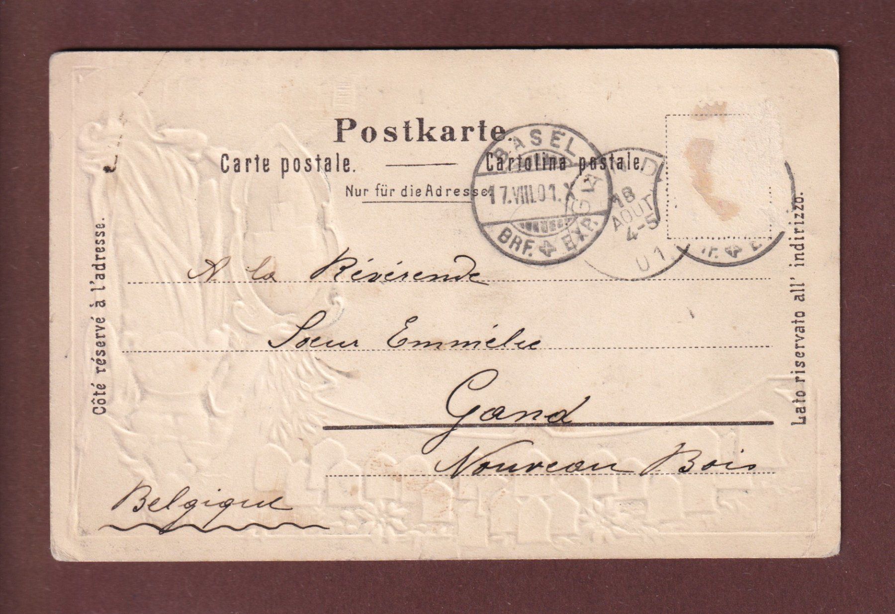Cartoline postali: BASEL - Barfüsserplatz - Kantone - 1901 Präge // Eckbüge // – Usato da Pully venduto da nicecards 1