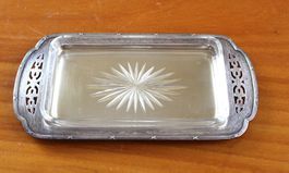 Vintage Butterservierglasplatte mit Versilberten Tablett