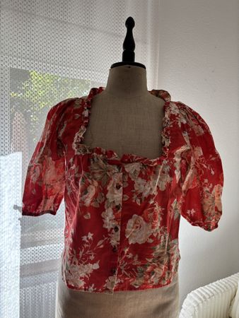 Sézane Kellia Bluse Red Floral Gr. 36 – Leinen/Baumwolle