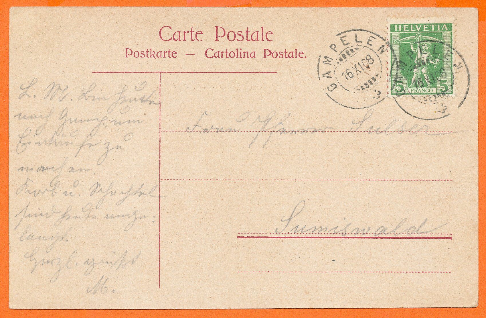 Cartoline postali: GAMPELEN / BE - Gesamtansicht - 1908 - coloriert – Usato da Liestal venduto da flohmy 1