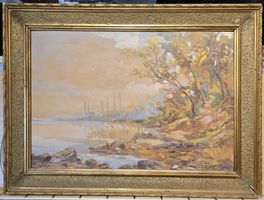 Tableau paysage lac et arbres cadre doré 50x40cm