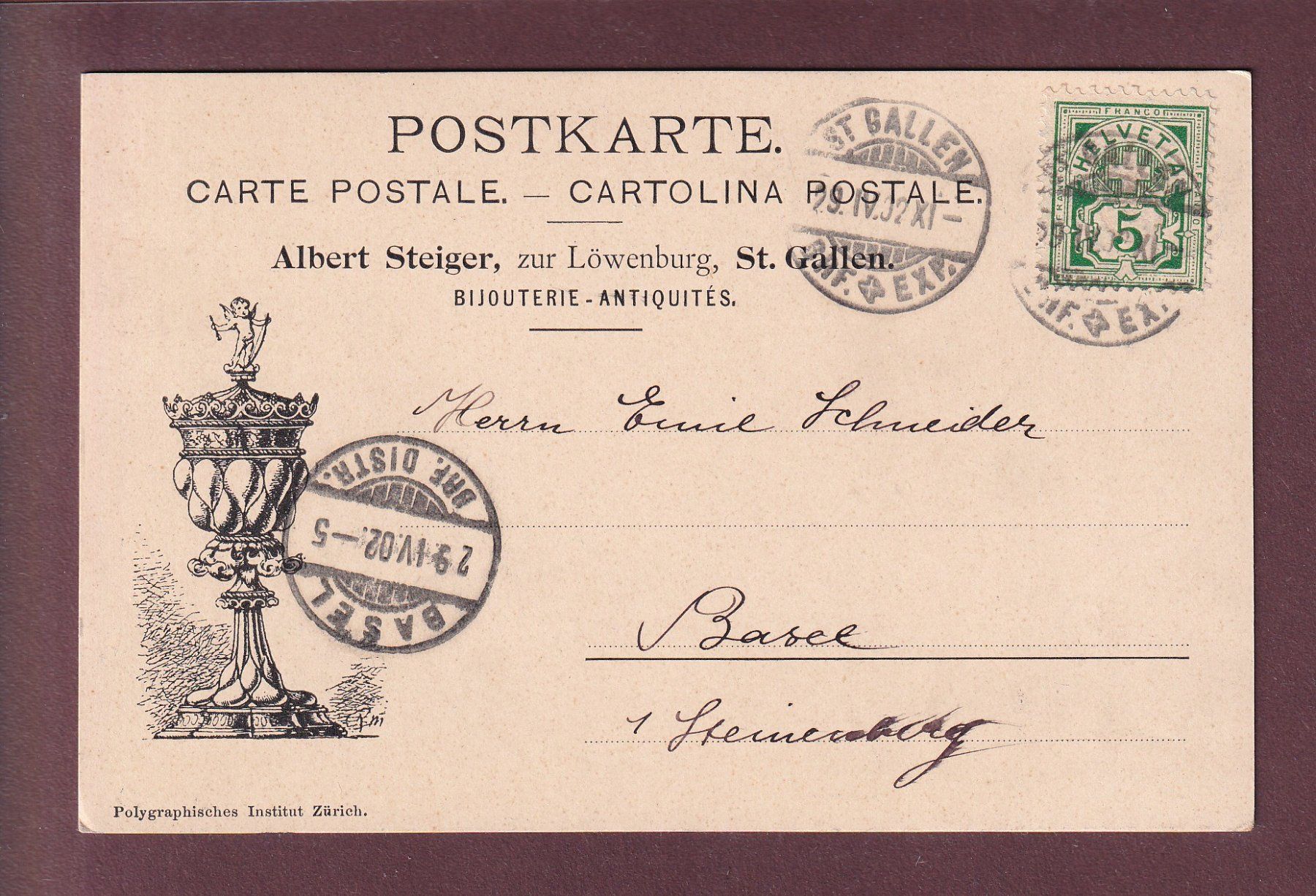 Cartoline postali: ST. GALLEN - Albert Steiger Bijouterie - 1902 – Usato da Pully venduto da nicecards 1