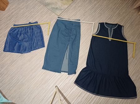Jeans-Sommer-Set: Jeansrock, Jeanskleid, Jeansshort