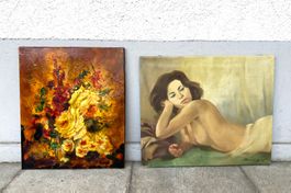 2 signierte Vintage Gemälde Blumen und Akt