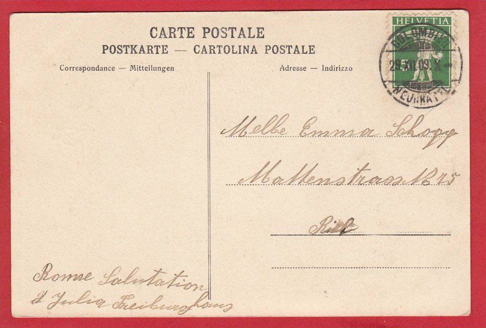 Cartoline postali: COLOMBIER-BÔLE 1909 – Usato da Grüningen venduto da Kartenlaube 1