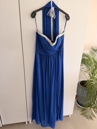 Abendkleid blau Gr. 44 mit Perlenbesatz 