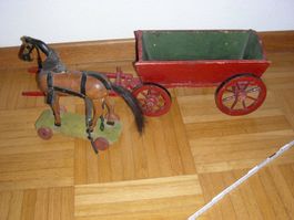 Antikes Spielzeug Holz-Pferd mit Wagen, Fuhrwerk,Versand mög