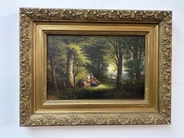 Ölgemälde auf Holz Familie im Wald signiert Mitte 19. Jh.