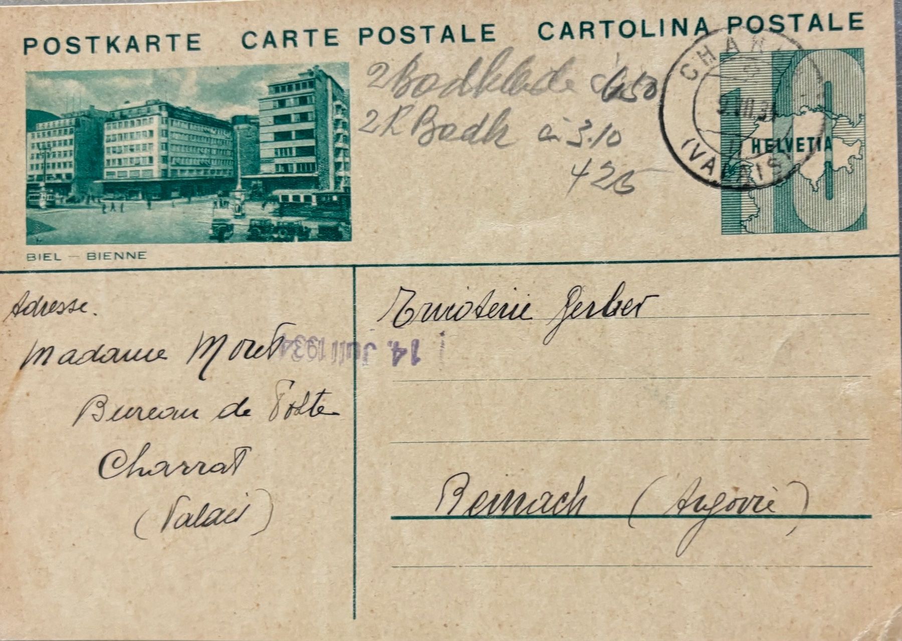 Ansichtskarten: Biel, Bienne, Postkarte, 1944 – Gebraucht aus Frauenfeld von Merk52