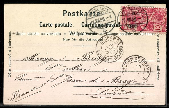 Cartoline postali: Lithographie Interlaken, Ortspanorama mit Bergen – Usato da Berlin venduto da bartko-reher 1