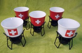 Fondue-Set mit 5 Tässli, 6 Gabeln u. Rechaud Schweizerkreuz