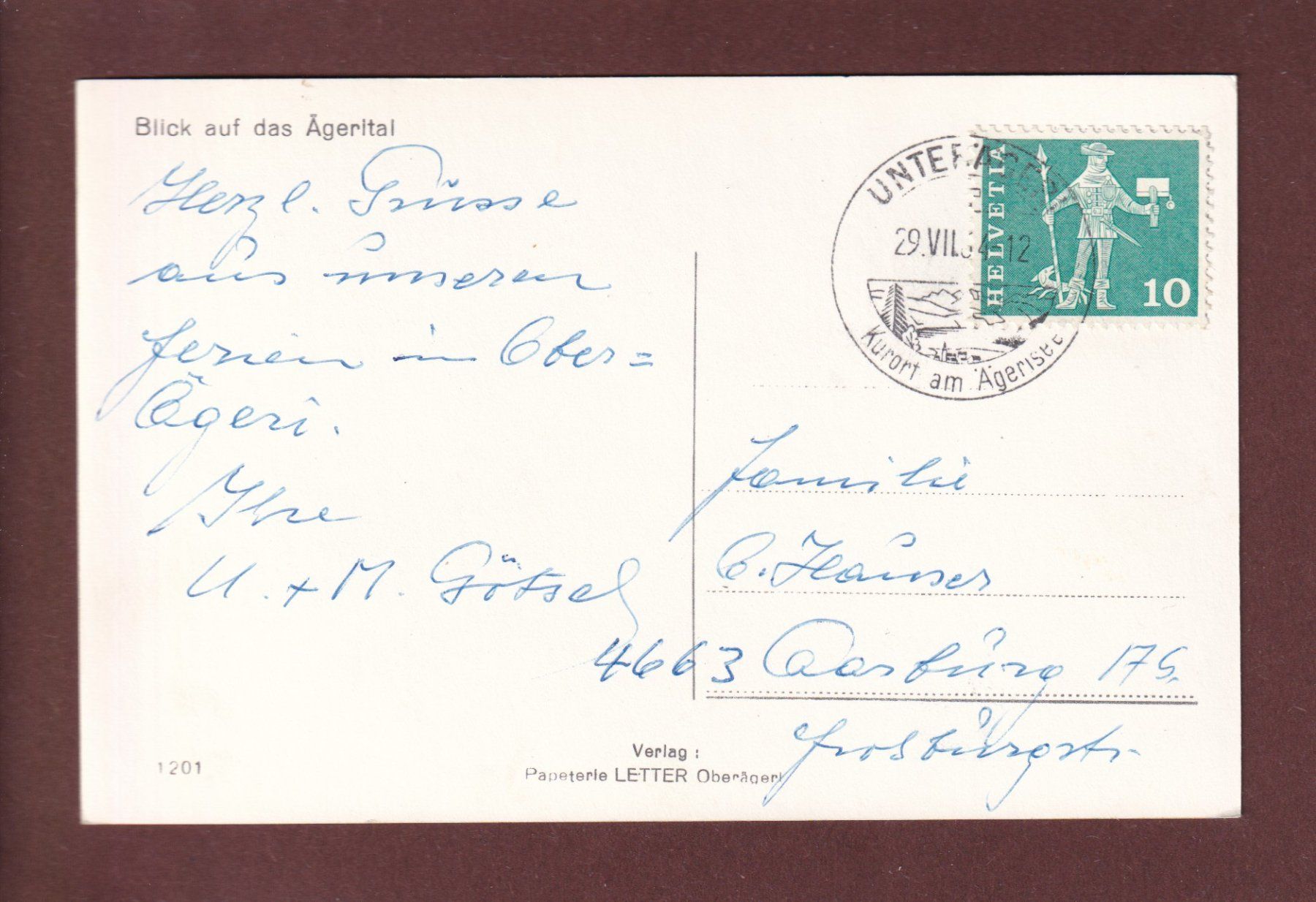 Cartoline postali: Blick auf das ÄGERITAL - 1964 – Usato da Pully venduto da nicecards 1