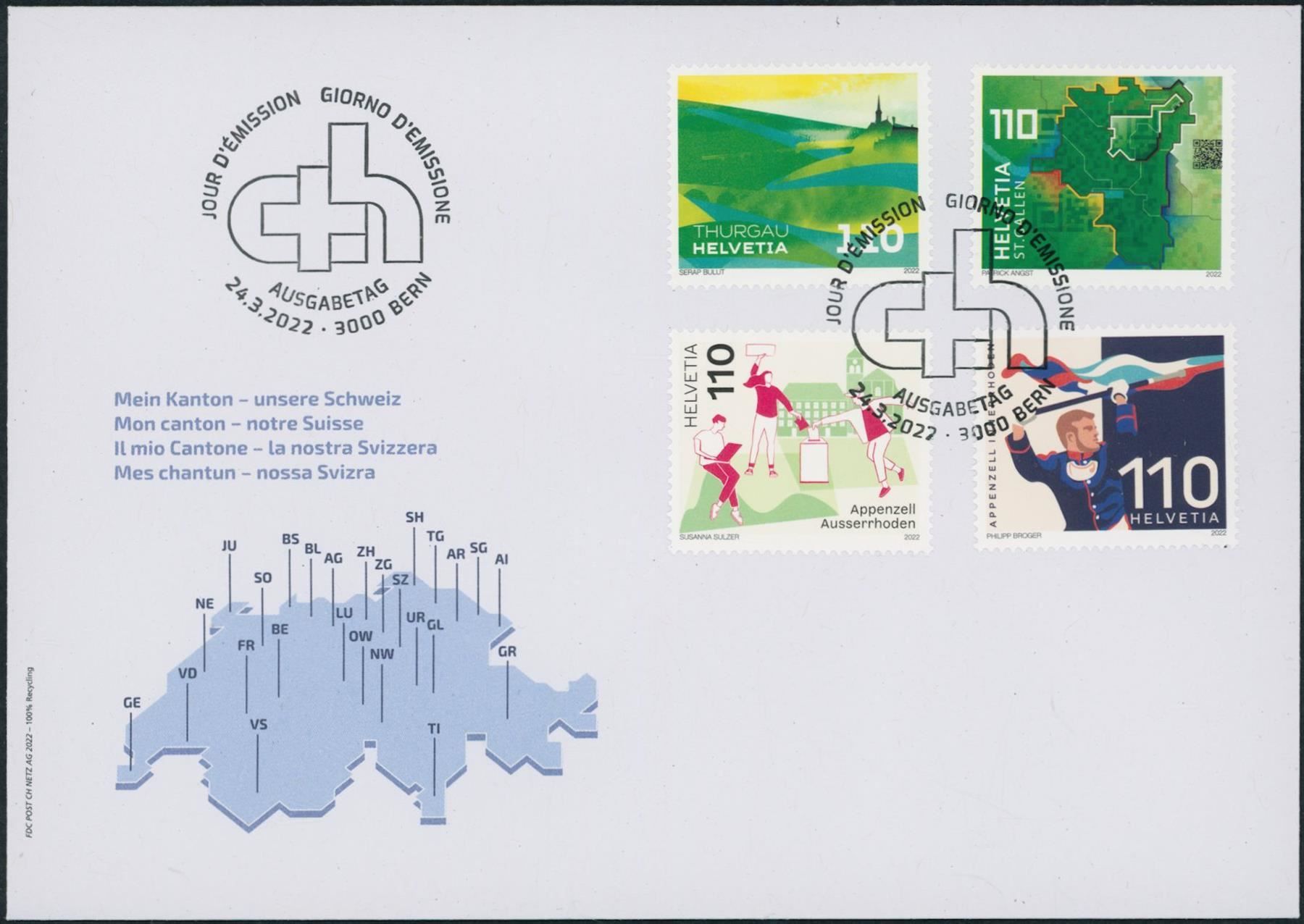 Tutti i francobolli: 2022 - Kanton - Schweiz - Ersttagsbrief FDC ET – Usato da Schindellegi venduto da leecollect