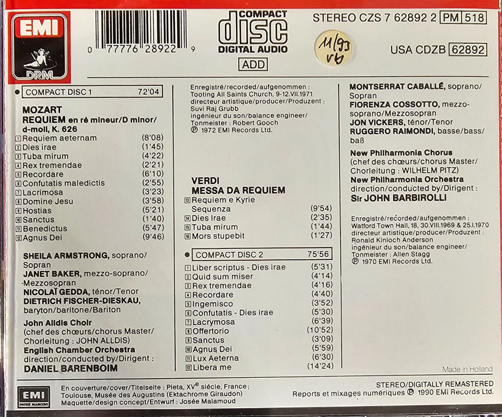 CD: Mozart / Verdi - Requiem – Usato da Wahlen b. Laufen venduto da Cg10 2