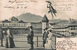 Alte Ansichtskarte Luzern, Hotel, 1908, fliegender Mann!