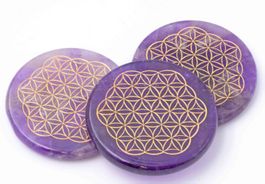 1 Stk.  Amethyst Disc 50x6mm "Blume des Lebens" mit Gravur